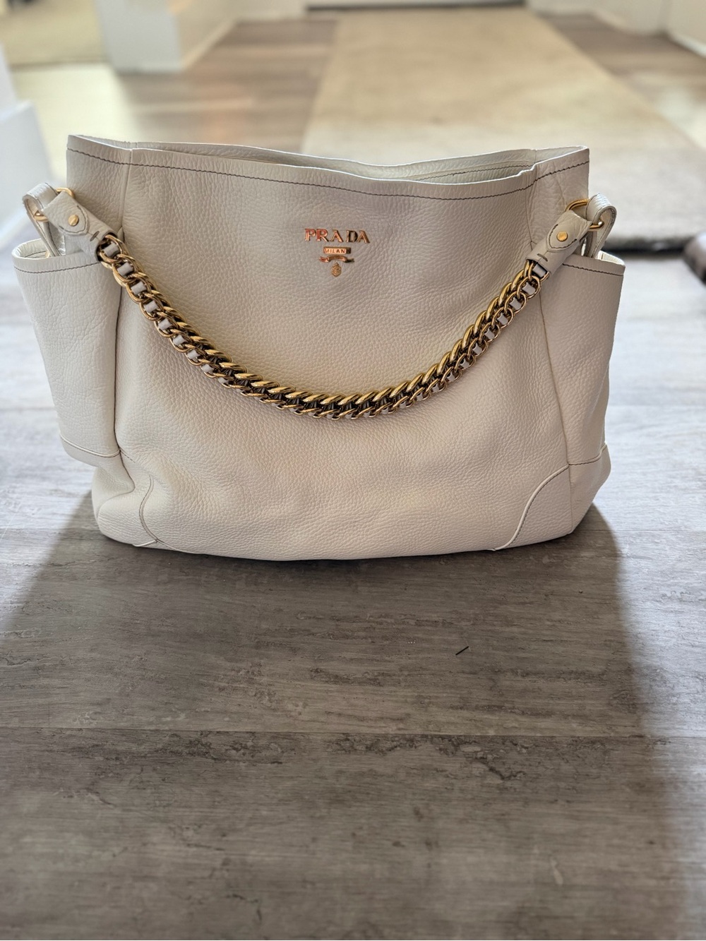 Prada Cream Leather Shoulder Bag with Gold Chain